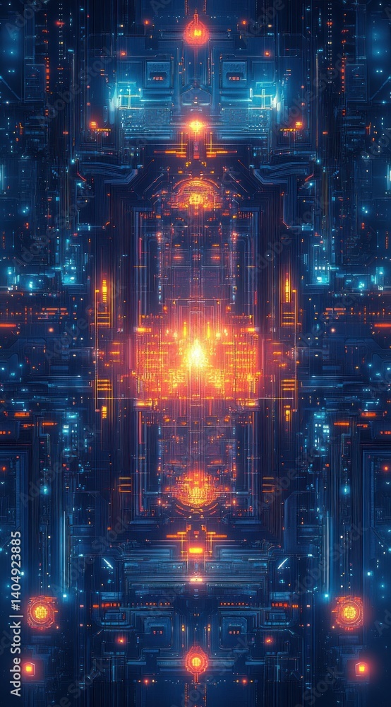 Poster futuristic abstract digital background with glowing lights and complex patterns in blue and orange t