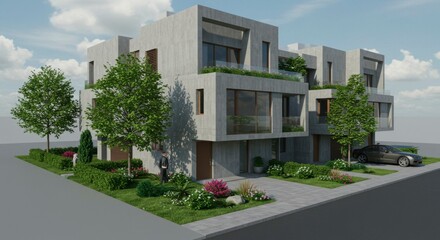Obraz premium Modern apartment complex, landscaped