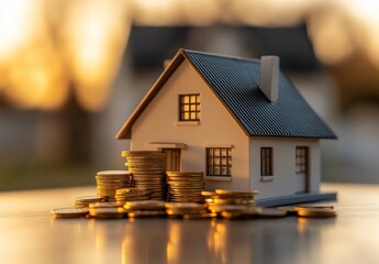 Model house with coins representing investment, savings, and financial growth in real estate market during sunset glow