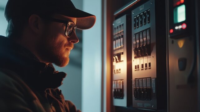 Electrician troubleshooting an electrical panel. Featuring electrical diagnostics and home safety