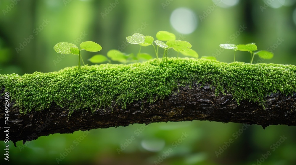 Poster lush green moss and delicate leaves on a log in a serene forest setting with soft natural light