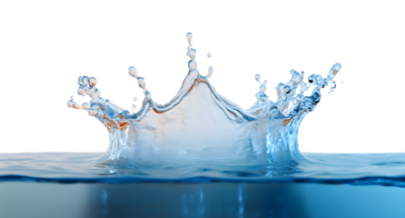 A dynamic water splash erupts from the surface, creating a crown shape against a gradient blue sky fading to white. The water transitions from deep to light blue.