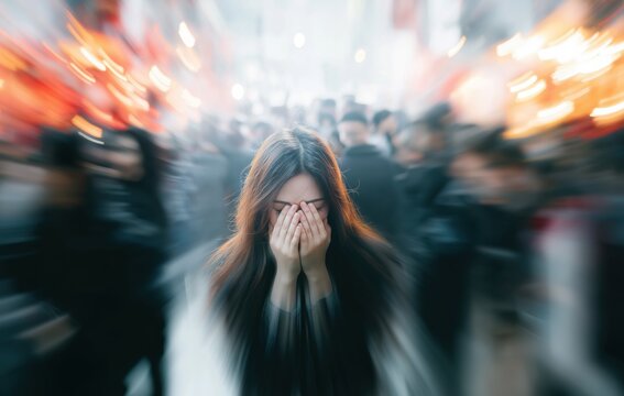 Stressed young woman covers face in a chaotic, crowded urban environment, symbolizing anxiety, social pressure, or sensory overload.
