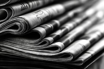 Close-up image of several neatly folded newspapers in black and white, symbolizing traditional media, journalism, and news distribution.