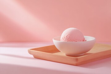 A single scoop of pink ice cream in a white bowl on a light beige wooden tray.