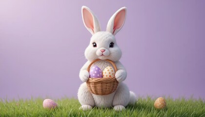 Obraz premium Charming Easter Bunny Holding a Basket of Decorated Eggs on Green Grass