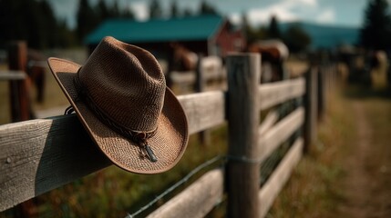 Peaceful cowboy hat resting on wooden fence at countryside ranch