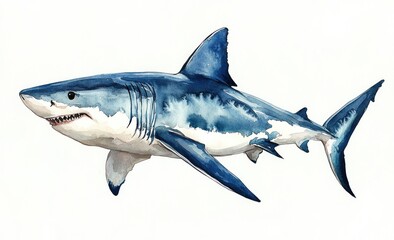 Obraz premium Realistic illustration of a great white shark showcasing vibrant colors and intricate details in a dynamic underwater pose