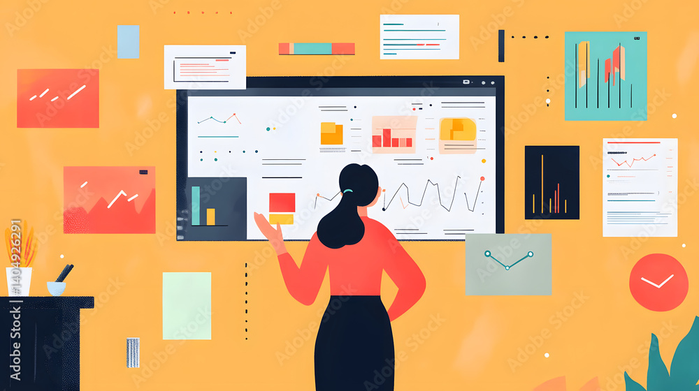 Poster business analytics and insights: a woman stands confidently, examining data-driven analytics and ins
