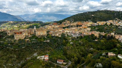 Naklejka premium Aerial view of the town of Arpino, located in the province of Frosinone in Lazio, Italy. The small Italian village is located on the hills.