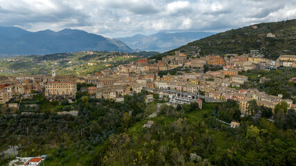 Aerial view of the town of Arpino, located in the province of Frosinone in Lazio, Italy. The small Italian village is located on the hills.