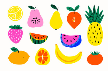 Colorful Fruit Platter: A vibrant array of illustrated fruits bursts with color and freshness, showcasing nature's sweet and tangy bounty in a whimsical and artistic composition.