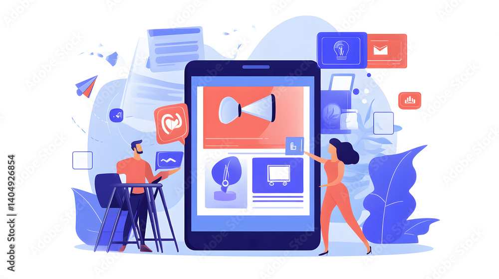Poster digital marketing strategy: two individuals collaborating to create an innovative digital marketing 