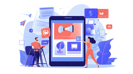Fototapeta premium Digital Marketing Strategy: Two individuals collaborating to create an innovative digital marketing strategy displayed on a mobile screen.