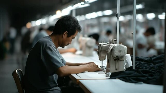 A factory worker sewing garments in a busy workshop