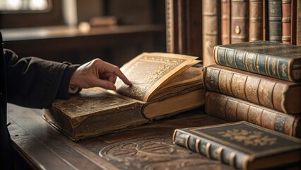 A hand guides a reader through an antique book, surrounded by a collection of old volumes.