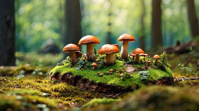 Boletus mushroom Miniature landscape, spring, forest 3D stereoscopic effect
