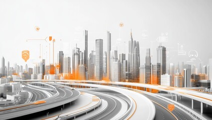 Modern city infrastructure with smart transportation overlay