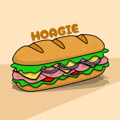 National Hoagie Day to celebrate on May 5th. A large sandwich bun filled with vegetables, onions, tomatoes, cheese and ham on beige background. Food event banner.