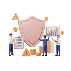 Analyzing Financial Data with Shield Protection and Growing Charts 3D Illustration