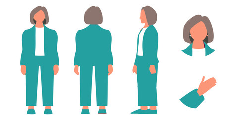 Flat Character Design – Middle-Aged Woman in Teal Business Suit for Professional Illustrations

