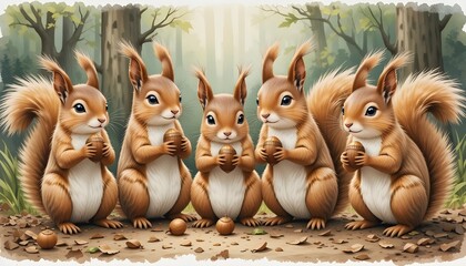 Obraz premium watercolor painting of a group of squirrel holding an acorn, with a forest background.