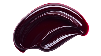 Liquid lip gloss texture in deep wine red, glossy and thick smear, isolated top view, white background, realistic cosmetic style
