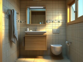 Tiled bathroom with modern sink and toilet. Warm beige tiles create a cozy ambiance. Neutral tones and clean design for relaxation. 