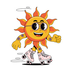 Naklejka premium Sunny Day Roller Skating: A whimsical cartoon sun, radiating joy, gracefully glides along on roller skates, its radiant expression and carefree movement conveying a sense of pure fun.