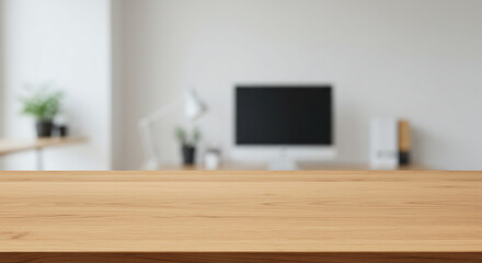 Warm Wood Desk, Blurred Modern Office Background AI Generated