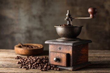 Vintage manual coffee grinder with aromatic beans on rustic wooden table.