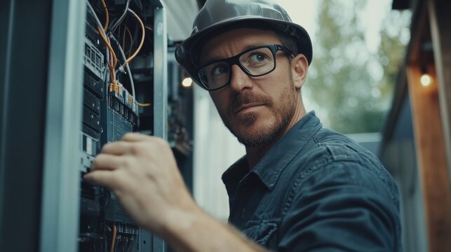 Electrician upgrading electrical panel. Featuring electrical work and upgrades