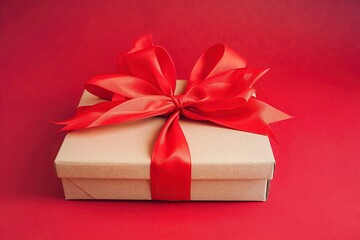 Obraz premium A gift box with big red bow against red background