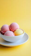 A bowl of colorful ice cream scoops on a yellow background.