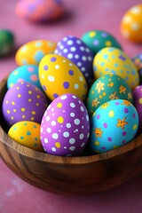 Fototapeta premium Colorful Easter Eggs in Wooden Bowl (1)