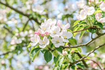 Blooming white apple tree flowers in springtime under sunlight