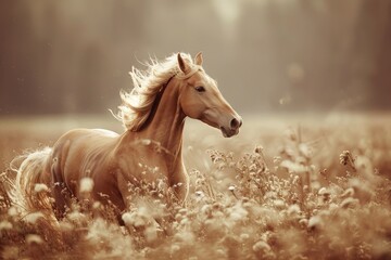 Obraz premium pony horse with beautiful mane on summer meadow, light bright photo