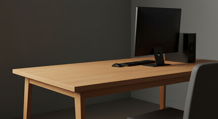 Quiet Workspace: 3D Rendered Desk, Warm Wood, Deep Shadows AI Generated