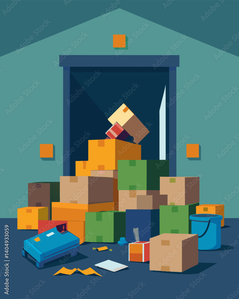 Poster piles of defective merchandise stacked in a corner of the warehouse waiting to be disposed of after 