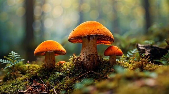 Mushrooms boletus cap group in the forest green grass, Miniature landscape, spring,  forest 3D stereoscopic effect