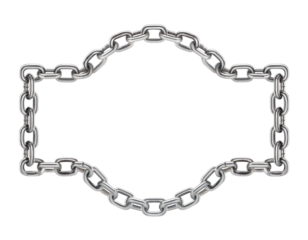 A chain of metal links is stretched out in a diamond shape. The chain is silver and he is old