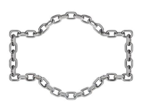 A chain of metal links is stretched out in a diamond shape. The chain is silver and he is old