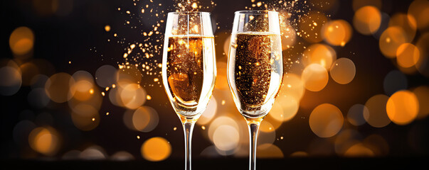 Celebration with sparkling drinks in elegant glasses against a backdrop of shimmering lights
