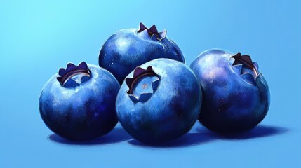 Obraz premium Fresh, juicy blueberries, a healthy blue fruit, float isolated in water against a vibrant blue background
