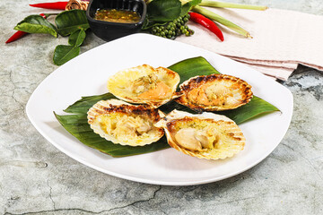 Griiled scallops in shell with cheese