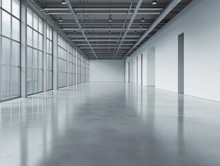 Bright, open interior space with large windows and a polished concrete floor, illuminated by overhead lighting.