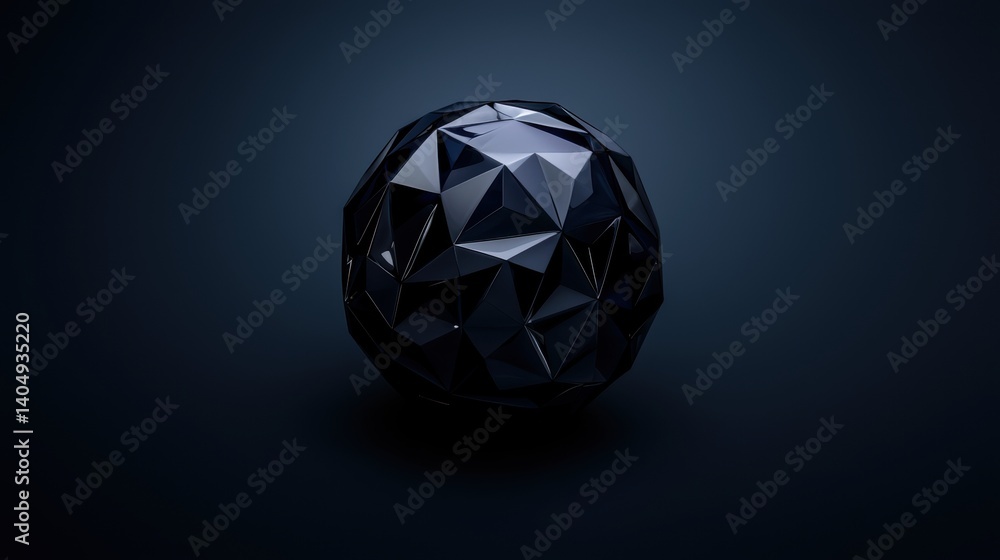 Poster a 3d rendering of a black sphere with a faceted surface.