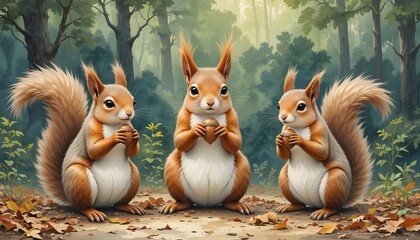 watercolor painting of a group of squirrel holding an acorn, with a forest background.