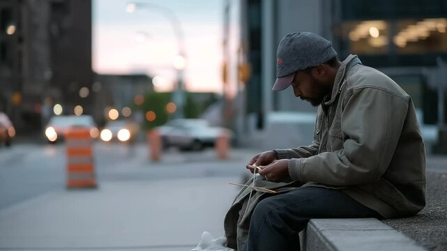 A worker repairing a worn jacket on a stoop in evening light