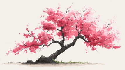 A delicate pink cherry blossom tree with delicate branches, a single stone and a patch of grass in front of it. The tree is beautifully painted with a traditional brush stroke style.